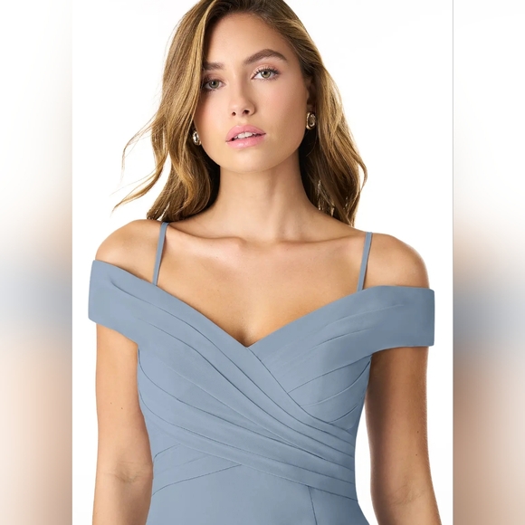 Azazie Lecia Dusty Blue Empire Off-the-Shoulder Pleated Chiffon Dress - Picture 4 of 9